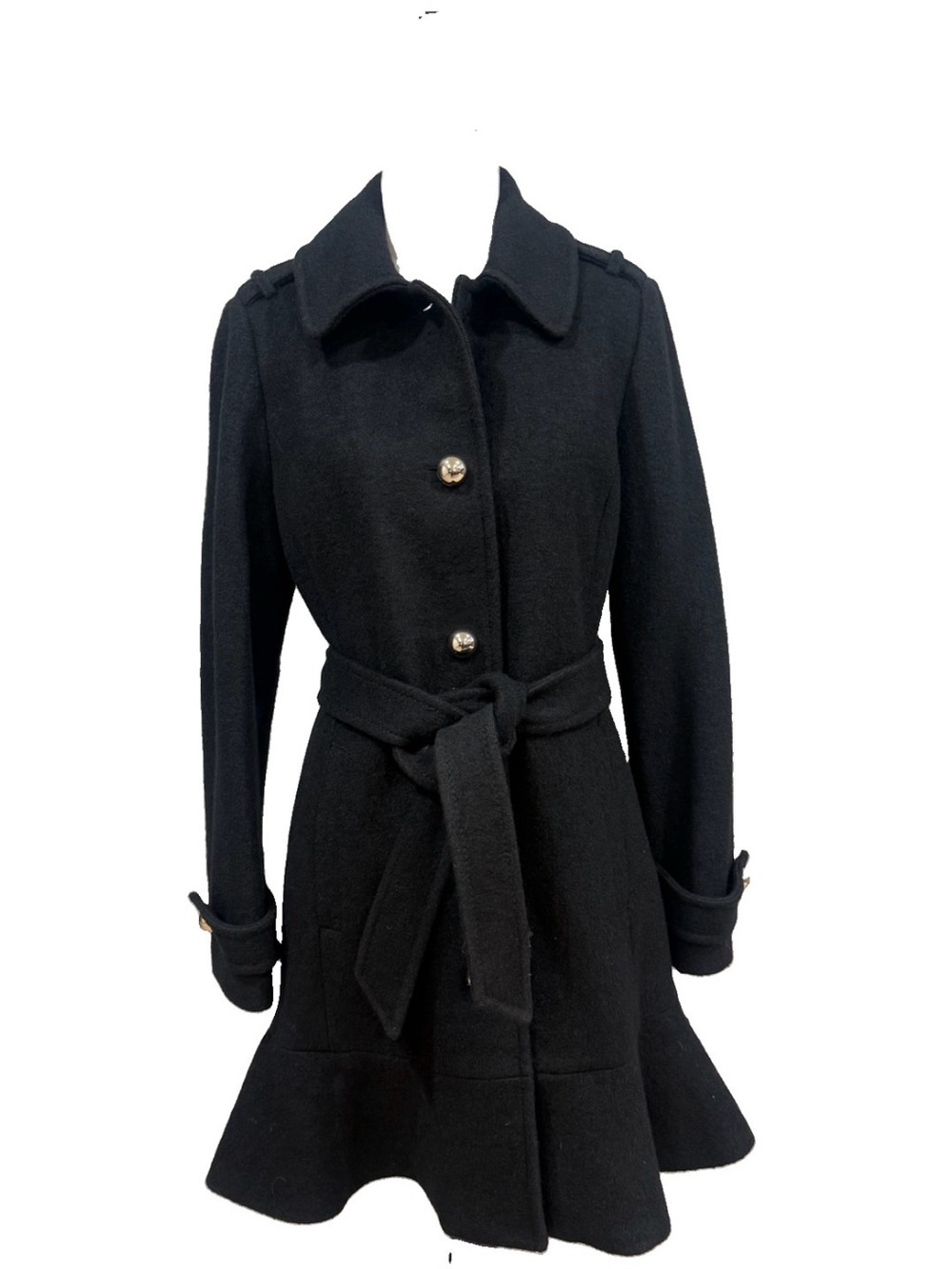 Kate Spade New York Wool Blend Belted Ruffle Coat Black Size S NWT